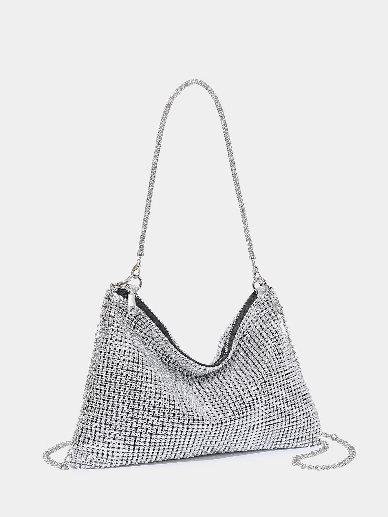 Verdusa Women's Shiny Rhinestone Evening Handbag Hobo Bag Clutch Purse Silver one-size