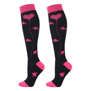 Junely Valentine Compression Socks for Women 20-30 mmhg Knee High Heart Socks for Running Work Support Nurses Pregnancy Travel Sports Swelling Pink Black