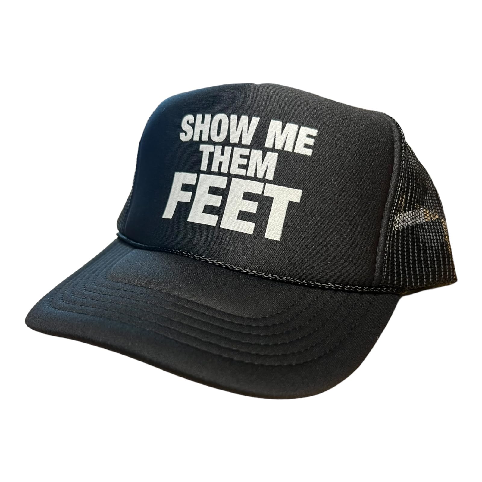 Show Me Them Feet Snapback Trucker Hat for Men or Women, Vintage Fit with Funny Novelty Graphic, Foot Fetish Mesh Cap Black