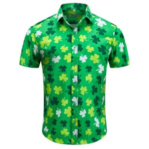 Men's St. Patrick's Day Shirt Funny Irish Flag Clover Short Sleeve Hawaiian Casual Button Down Shirt（Clover,L