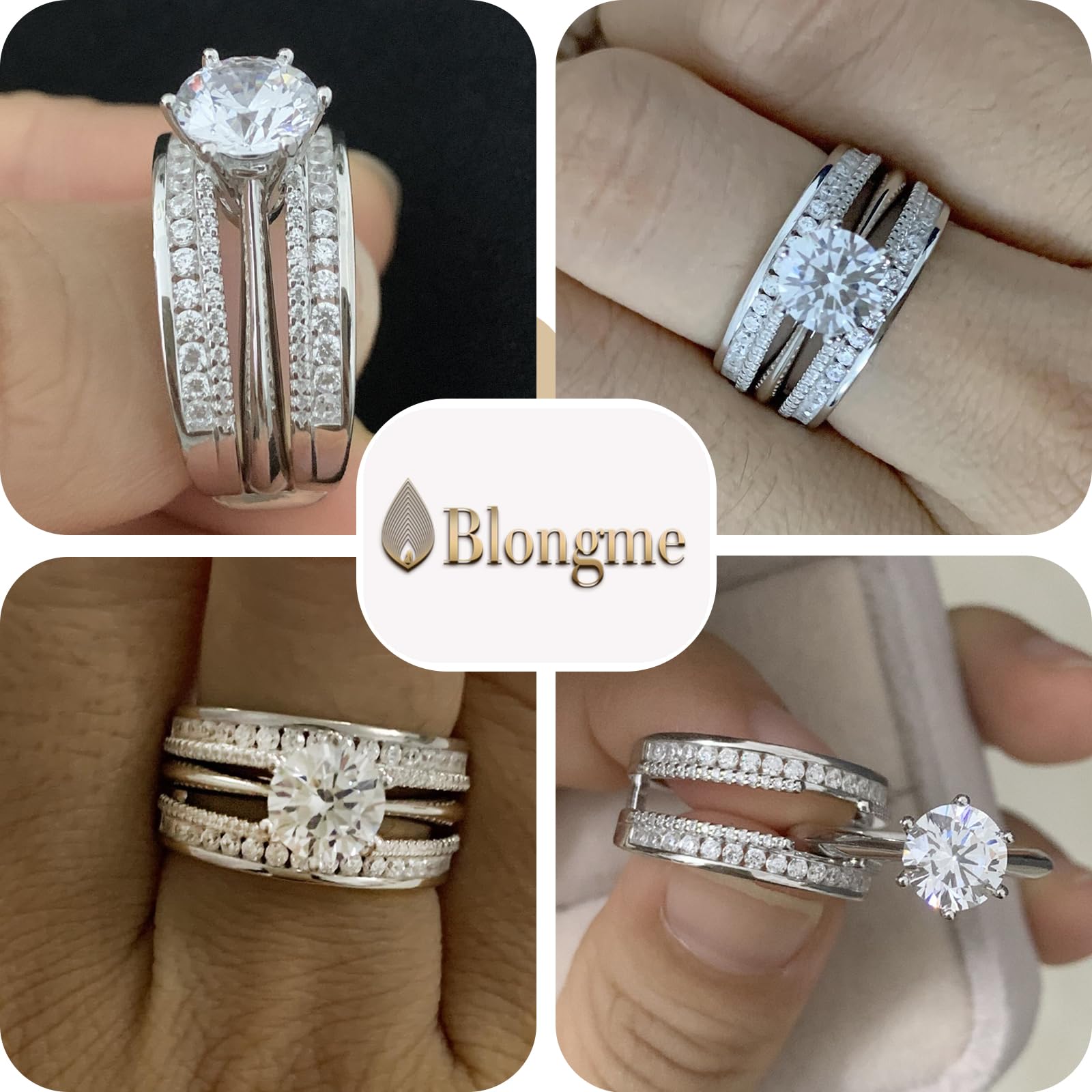 Blongme Wedding Engagement Ring for Women 2CT AAAAA CZ Bridal Sets Wedding Band Ring Enhancer Round Cut 925 Sterling Silver Size 6