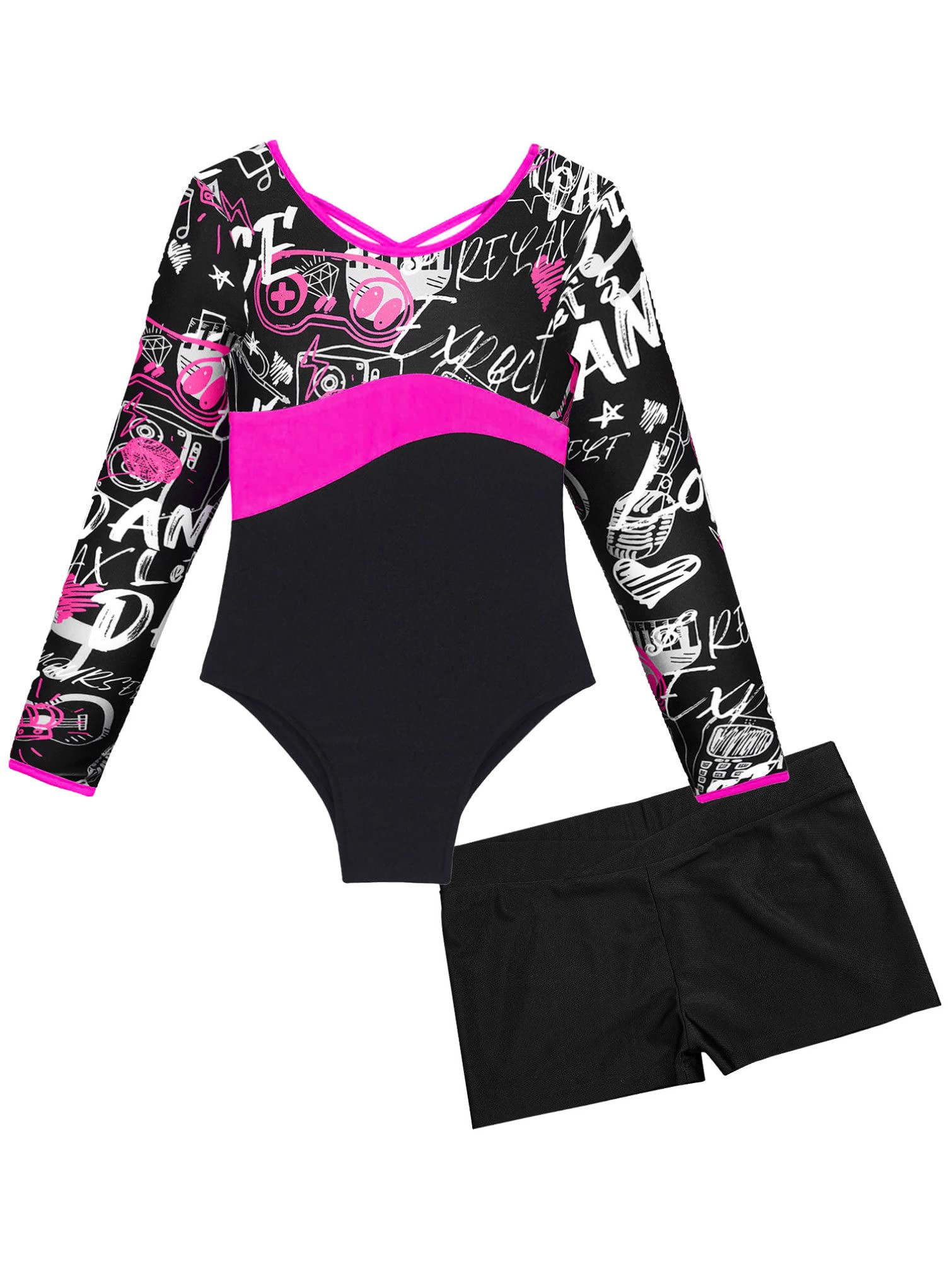 Jhaoyu Kids Girls Ballet Dance Gymnastics Leotards Long Sleeve Printed Bodysuit Unitard with Biketards Shorts Tracksuit Rock Rose 8 Years