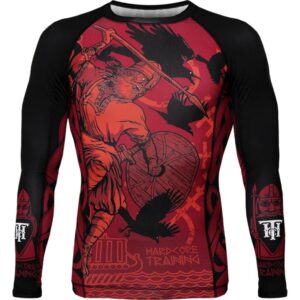 Hardcore Training Viking Men's Rash Guard Compression Long Sleeve MMA No-Gi Tight BJJ Grappling Base Layer Combat S Black/Red