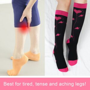 Junely Valentine Compression Socks for Women 20-30 mmhg Knee High Heart Socks for Running Work Support Nurses Pregnancy Travel Sports Swelling Pink Black