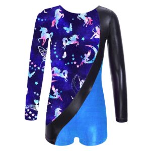 loyan kids girls metallic printed long sleeve dance gymnastics leotards ballet ballerina unitard biketards athletic bodysuit light blue 6 years