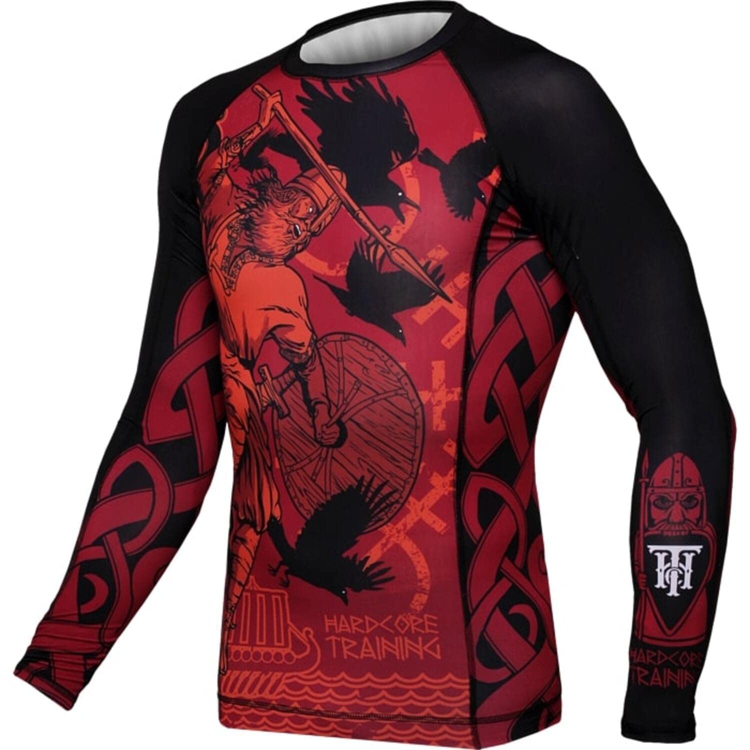 Hardcore Training Viking Men's Rash Guard Compression Long Sleeve MMA No-Gi Tight BJJ Grappling Base Layer Combat S Black/Red