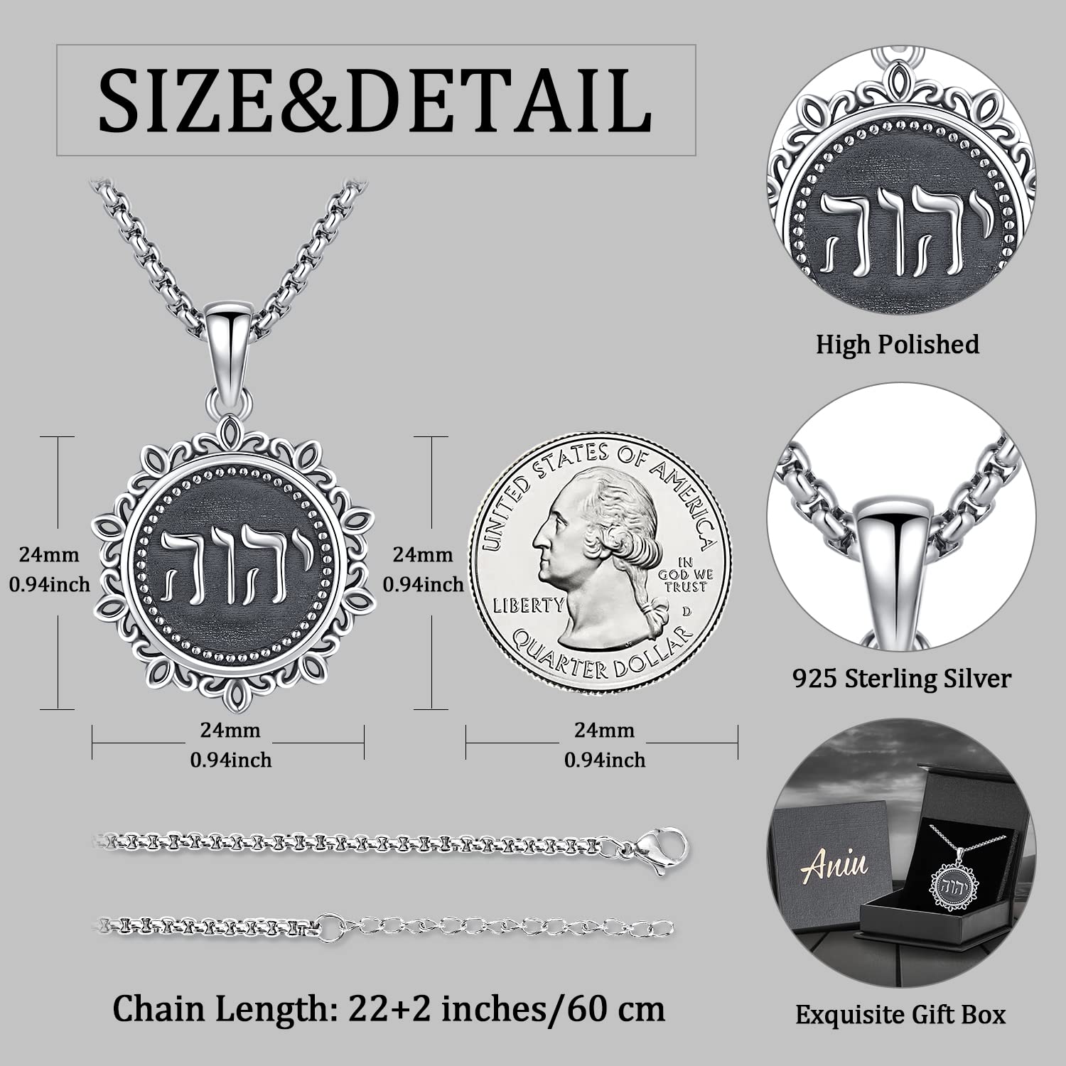 Aniu Hebrew Bible Names of God Jewelry Tetragrammaton Symbol Protection Necklace Jehovah YHVH YHWH Pendant Israel Lord Amulet Gift for Jewish Wiccan Pagan Jewelry