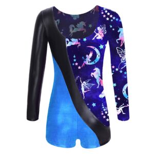 Loyan Kids Girls Metallic Printed Long Sleeve Dance Gymnastics Leotards Ballet Ballerina Unitard Biketards Athletic Bodysuit Light Blue 6 Years