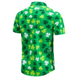 Men's St. Patrick's Day Shirt Funny Irish Flag Clover Short Sleeve Hawaiian Casual Button Down Shirt（Clover,L