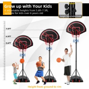 GYMAX Basketball Hoop, Outdoor 5.6-7.5FT Adjustable Basketball Goal with Shatterproof Backboard, Built-in Wheels & Spare Net, Portable Basketball System for Kids Teens Adults Indoor Gym, Driveway