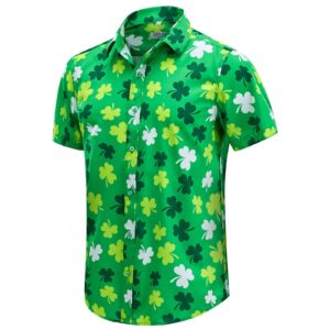 men's st. patrick's day shirt funny irish flag clover short sleeve hawaiian casual button down shirt（clover,l