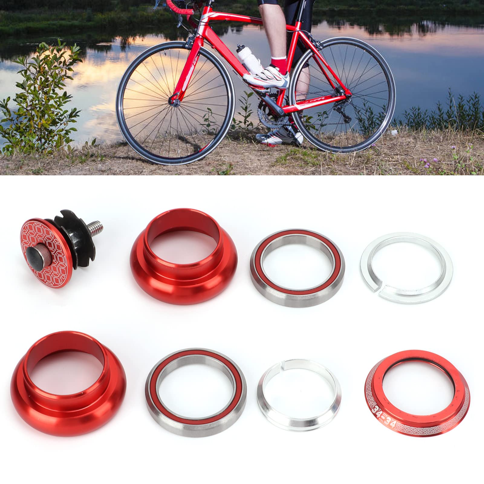 HERCHR Bike Headset, 34mm Bike Aluminum Alloy External Double Bearings Front Fork Stem Headset for Mountain Road Bike(Red)