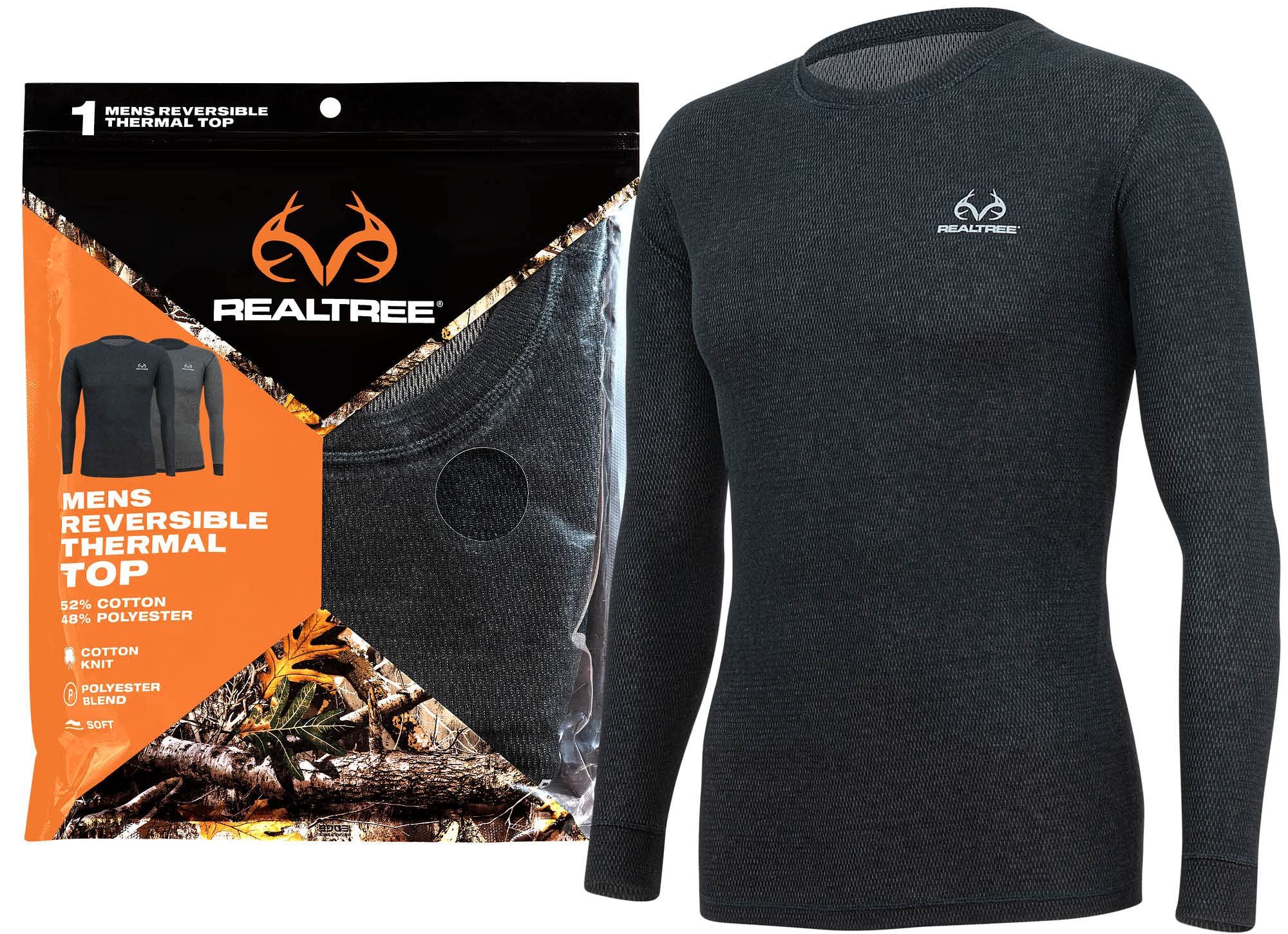 Realtree Reversible Mens Thermal Long Sleeve Shirt Hunting Gear- Base Layer Shirt for Men, Warm Waffle Knit Under Top Winter (US, Alpha, XX-Large, Regular, Regular, Black)