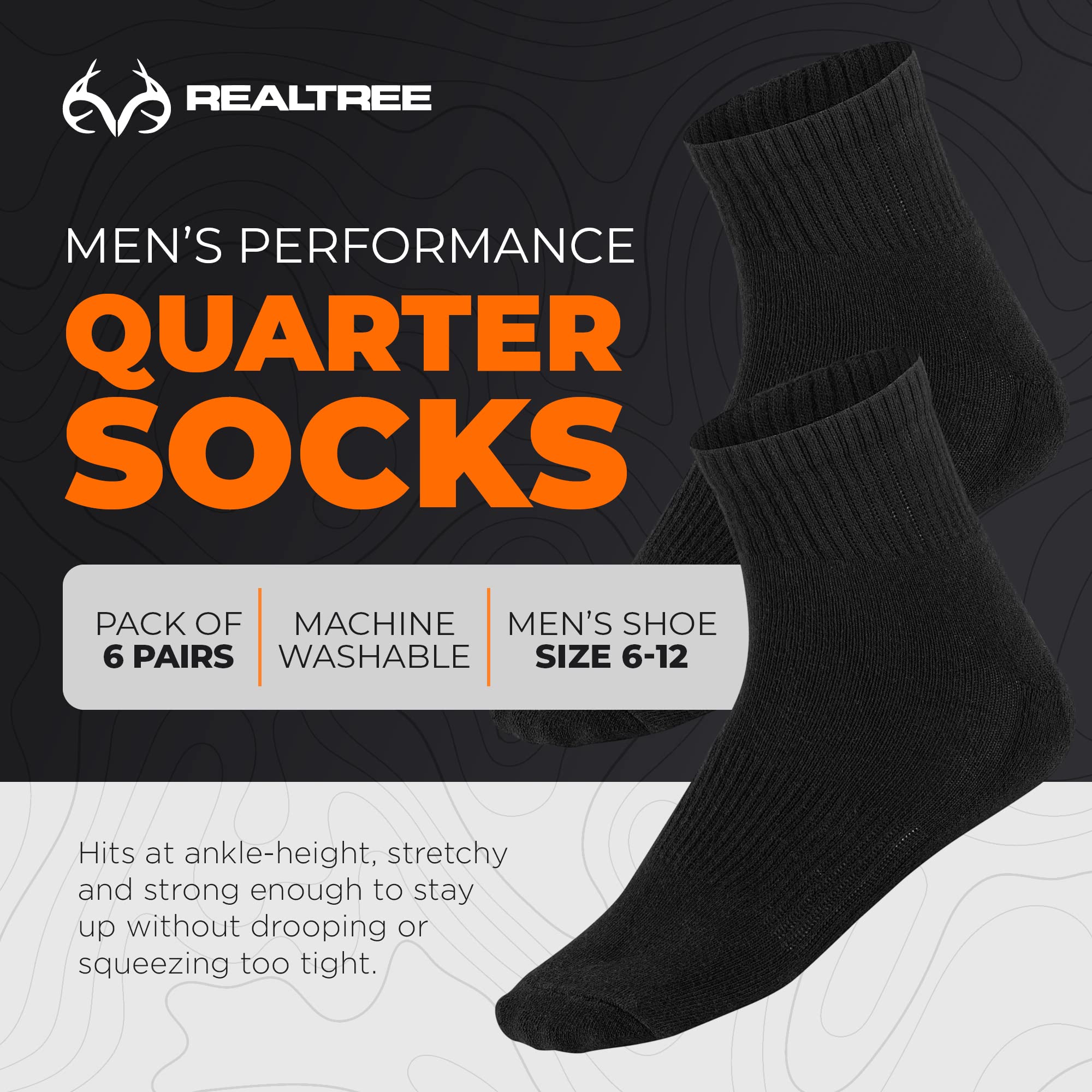 Realtree Comfort Dry Cushioned Crew Black Mens Socks Size 6-12 (Ankle)