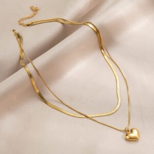 TRWWELL Trendy 18k Gold Plated Layered Necklace Dainty Herringbone Necklace Heart Pendant Gold Chain Choker Layering Necklace Jewelry Gifts for Women Girls