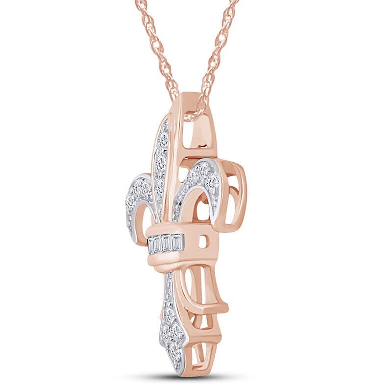 Round & Baguette Simulated Diamond Fleur de Lis Pendant 14K Rose Gold Plated 925 Sterling Silver