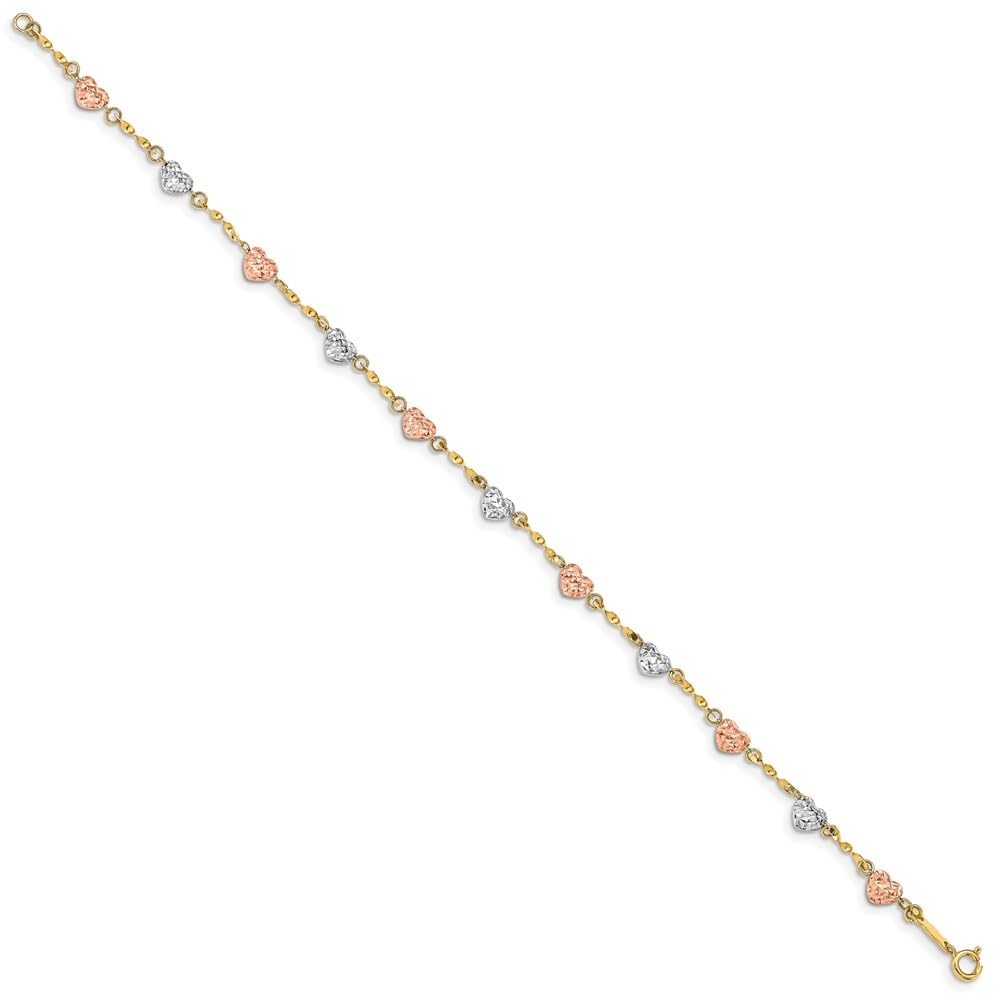 Auriga Fine Jewelry 14K Tri-color Diamond-cut Puff Heart Bracelet for Women 7"