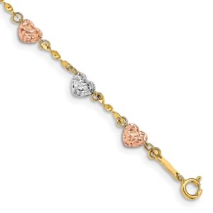 auriga fine jewelry 14k tri-color diamond-cut puff heart bracelet for women 7"