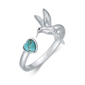 bethza turquoise hummingbird rings for women 925 sterling silver genuine heart turquoise adjustable hummingbirds ring jewelry gift for birthday christmas