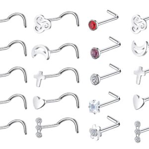 Yjbglrygf nose rings studs L shaped Nose Screw Studs 20 pcs Nose Rings Piercing Jewelry Nose Studs for Women Nostril Piercing Jewelry (20G-7mm, A-silver)