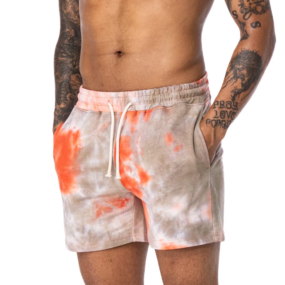 AIMPACT Men's Tie Dye Shorts Bodybuilding Workout Cotton Gym Shorts with Pockets(OrangeGrayS)