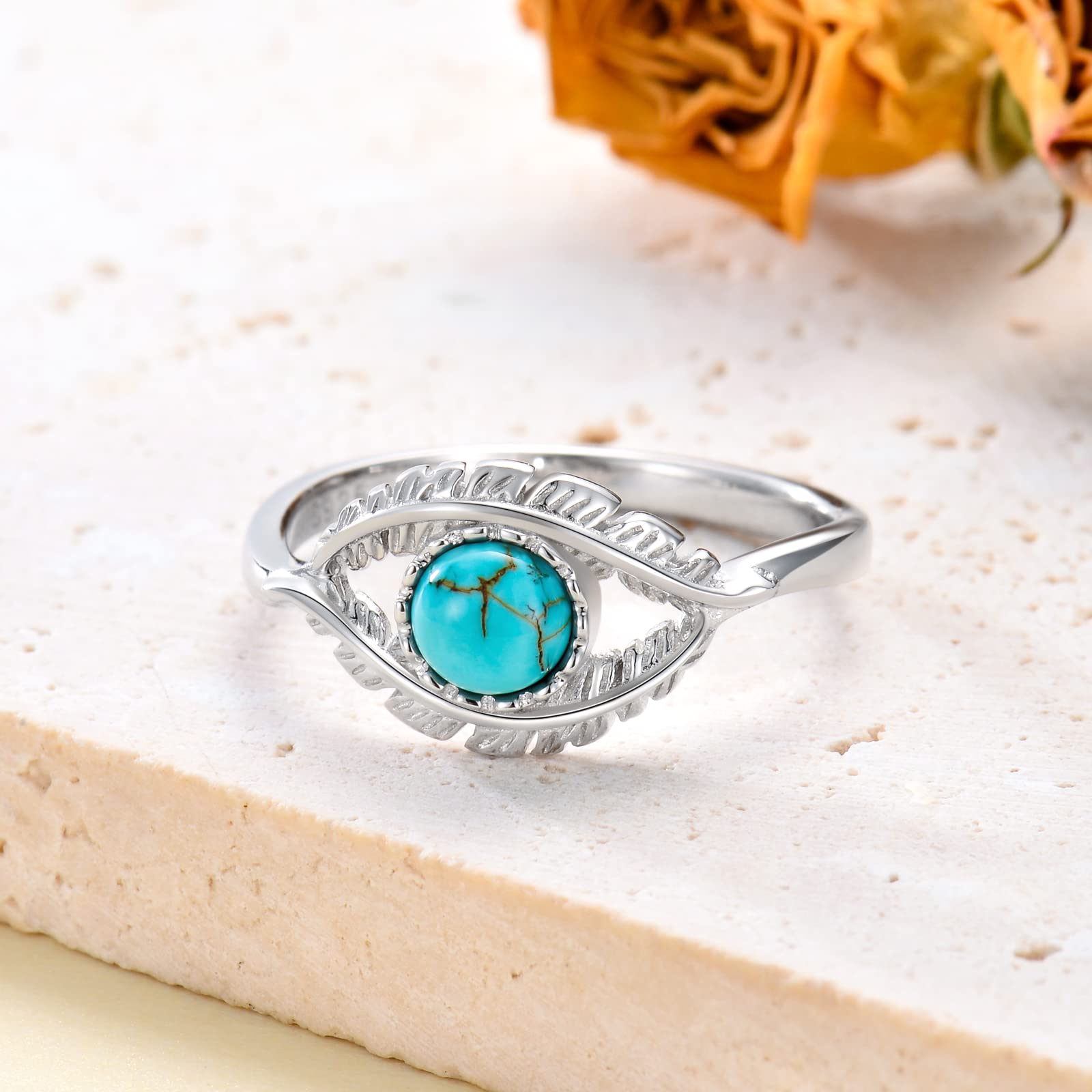 BETHZA Turquoise Evil Eye Rings for Women 925 Sterling Silver Mal de Ojo Turquoise Ring Western Jewelry for Birthday Christmas Size 8