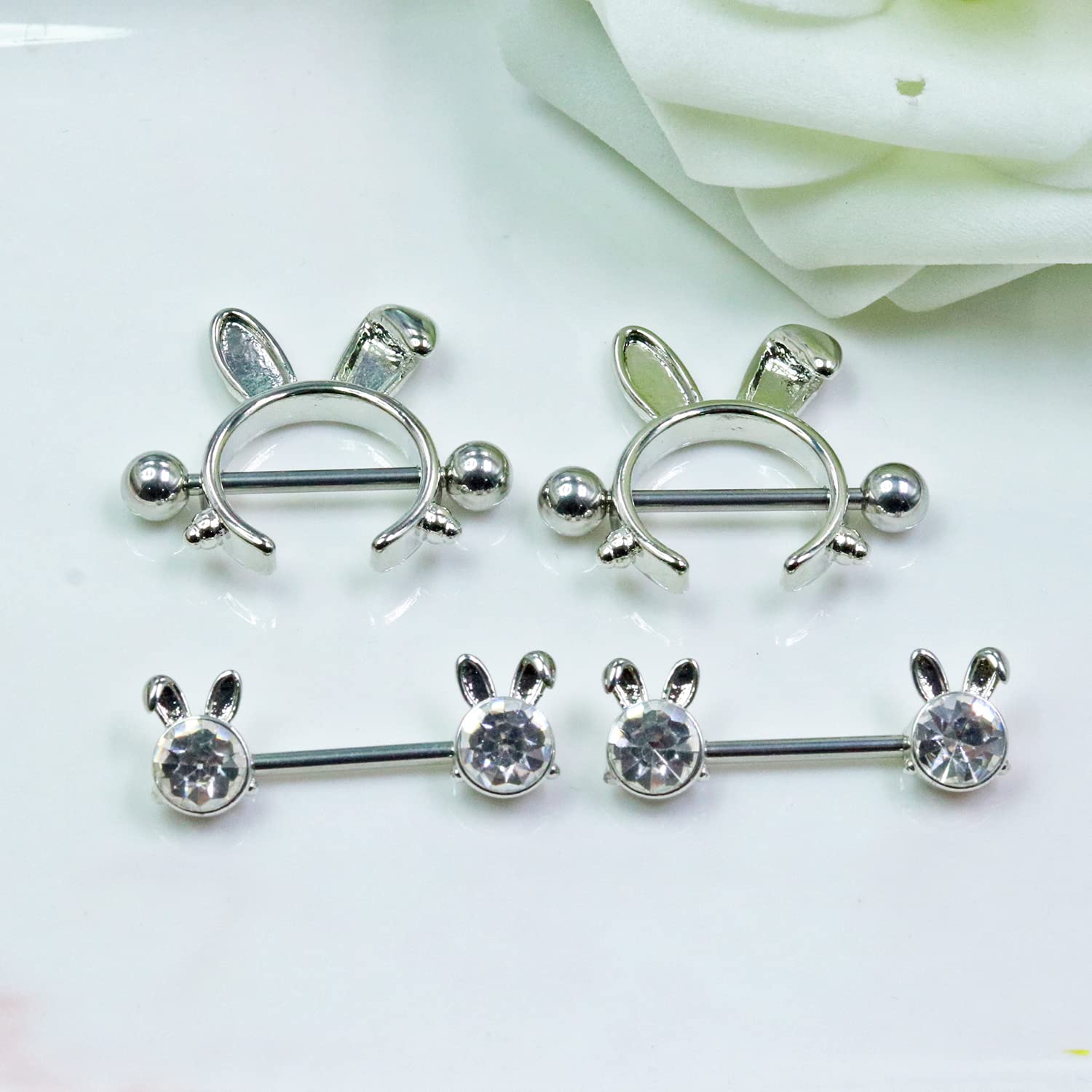 FLOGWE 14G 316L Cute Rabbit Nipple Rings Stainless Steel Easter Bunny Nipple Barbell Rings Piercing Jewelry for Women……