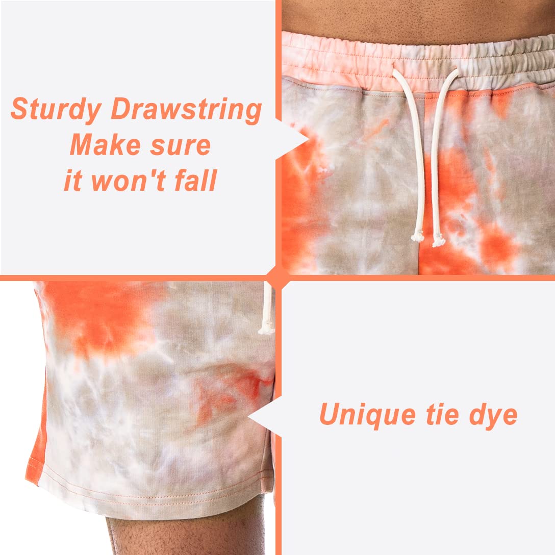 AIMPACT Men's Tie Dye Shorts Bodybuilding Workout Cotton Gym Shorts with Pockets(OrangeGrayS)