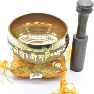 3.75" Tibetan Meditation Yoga Singing Bowl Green Set with free Wooden Mallet and Silk Cushion from Nepal, Singing bowls. (Orange)