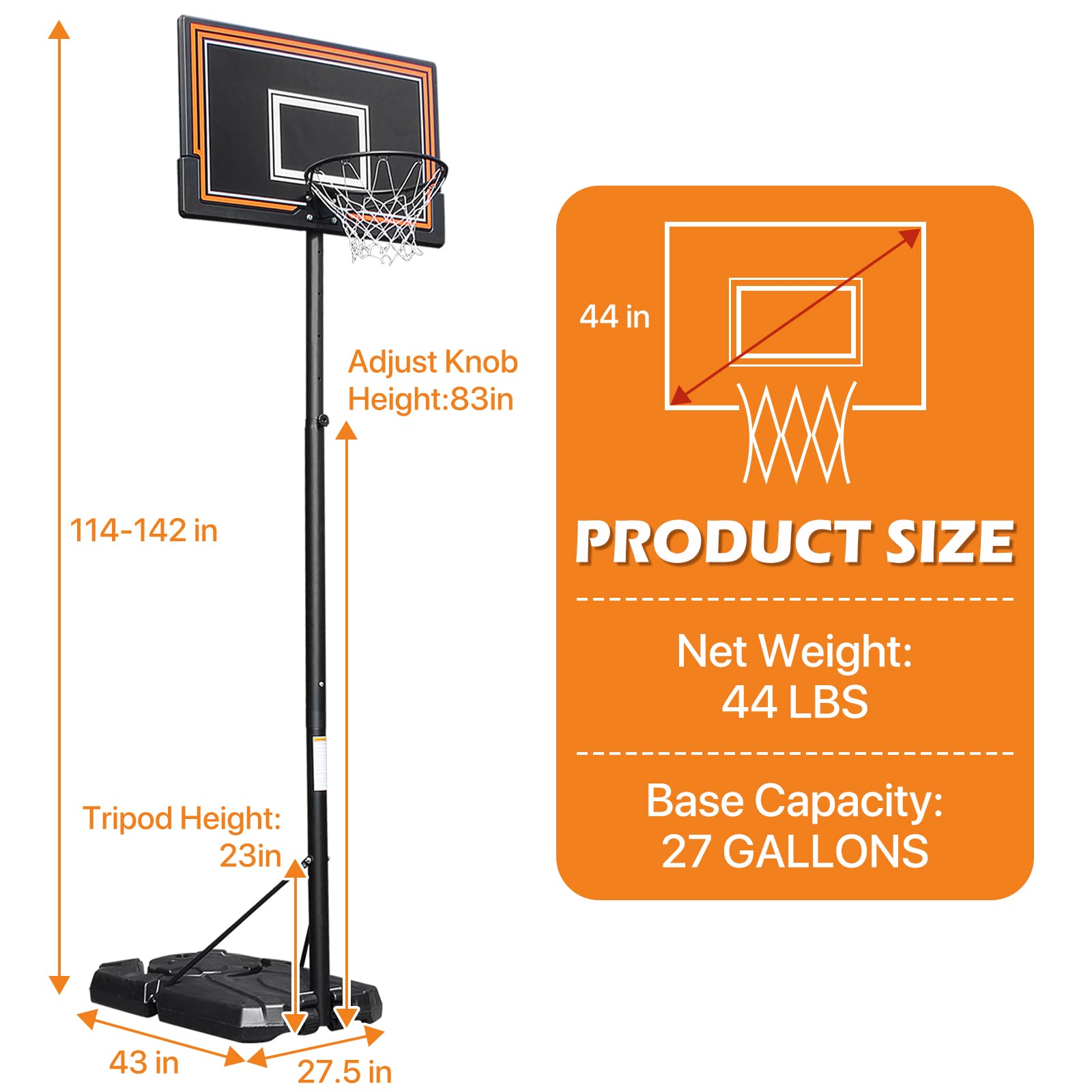 Basketball Hoop 7-10FT Height Adjustable Basketball Backboard 44" Portable Backboard Outdoor Indoor Free Standing Basketball Stand with Stand and Wheels Basketball Stand for Kids Teenagers Adults