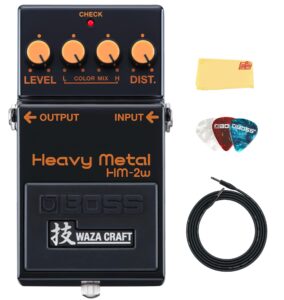 boss hm-2w heavy metal distortion pedal bundle with instrument cable, picks, and austin bazaar polishing cloth