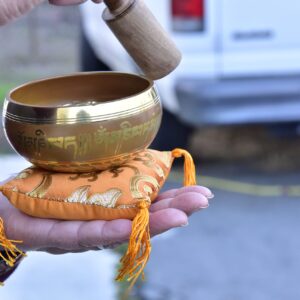 3.75" Tibetan Meditation Yoga Singing Bowl Green Set with free Wooden Mallet and Silk Cushion from Nepal, Singing bowls. (Orange)