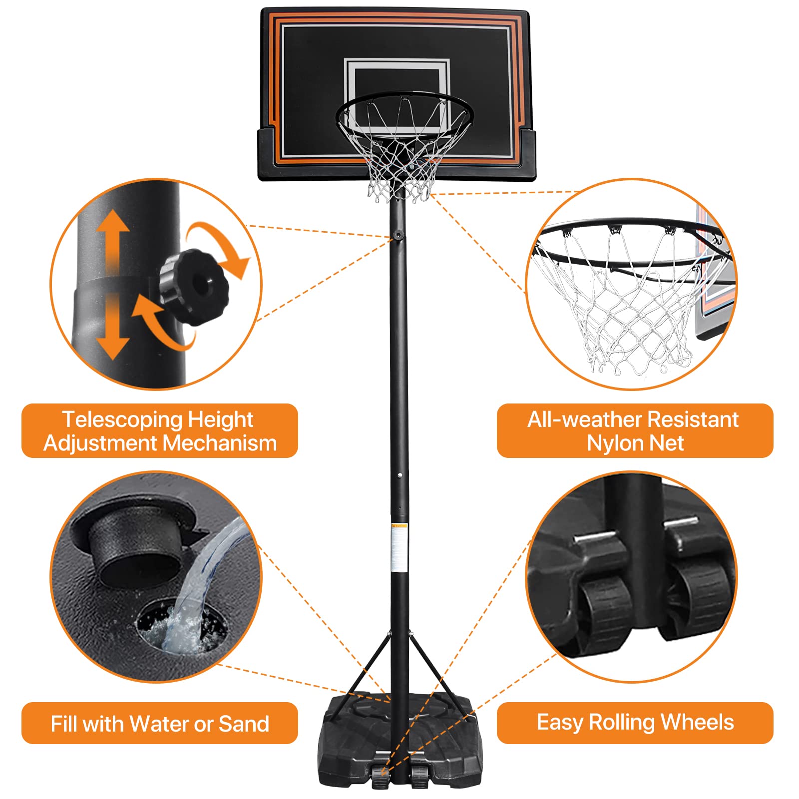 Basketball Hoop 7-10FT Height Adjustable Basketball Backboard 44" Portable Backboard Outdoor Indoor Free Standing Basketball Stand with Stand and Wheels Basketball Stand for Kids Teenagers Adults