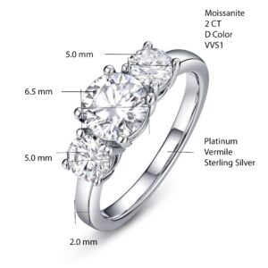 AURORADIA Moissanite Engagement Ring 3 Stone for Women, D Color VVS1 Round Cut Solitaire Wedding Band,18K Platinum Sterling Silver, Promise Rings for Her Wedding Birthday (7, 2)