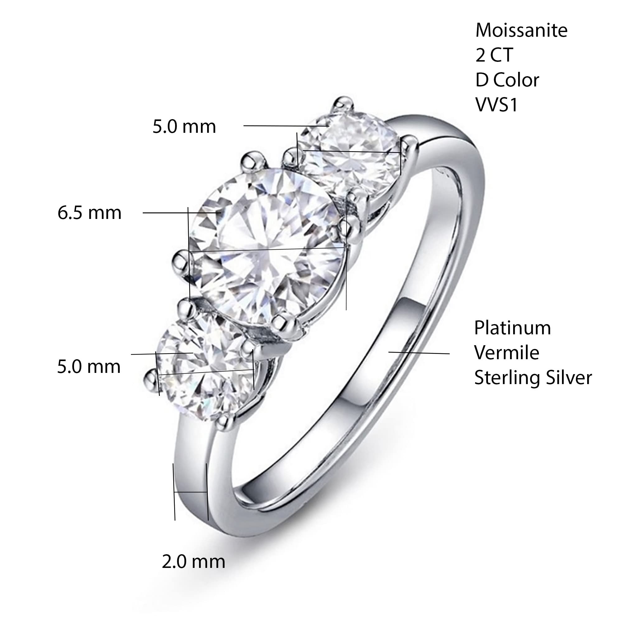 AURORADIA Moissanite Engagement Ring 3 Stone for Women, D Color VVS1 Round Cut Solitaire Wedding Band,18K Platinum Sterling Silver, Promise Rings for Her Wedding Birthday (7, 2)