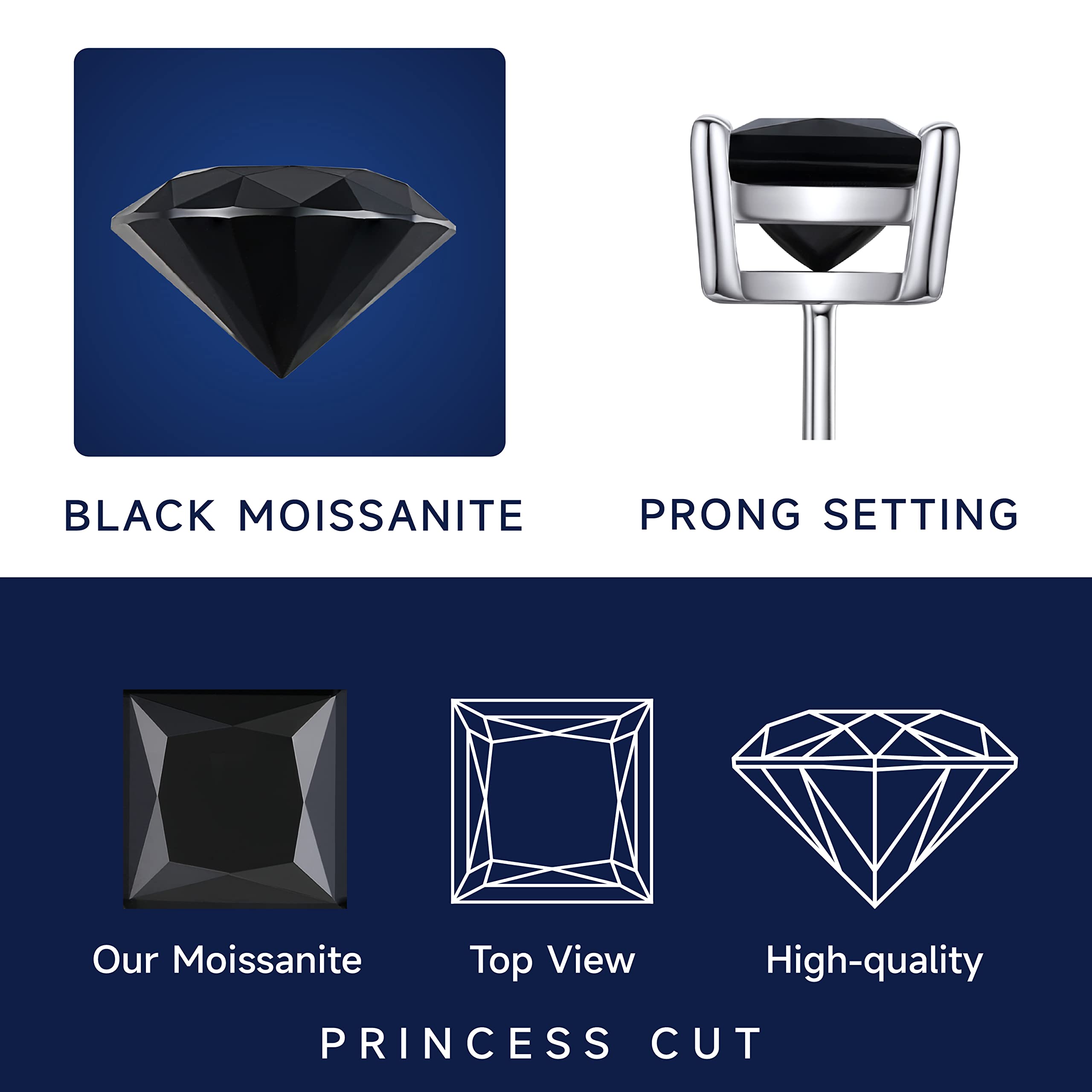 MomentWish Black Stud Earrings, 2Carat Moissanite Princess Cut Stud Earrings, D Color VVS1 Simulated Black Diamond 925 Sterling Silver Solitaire Earrings