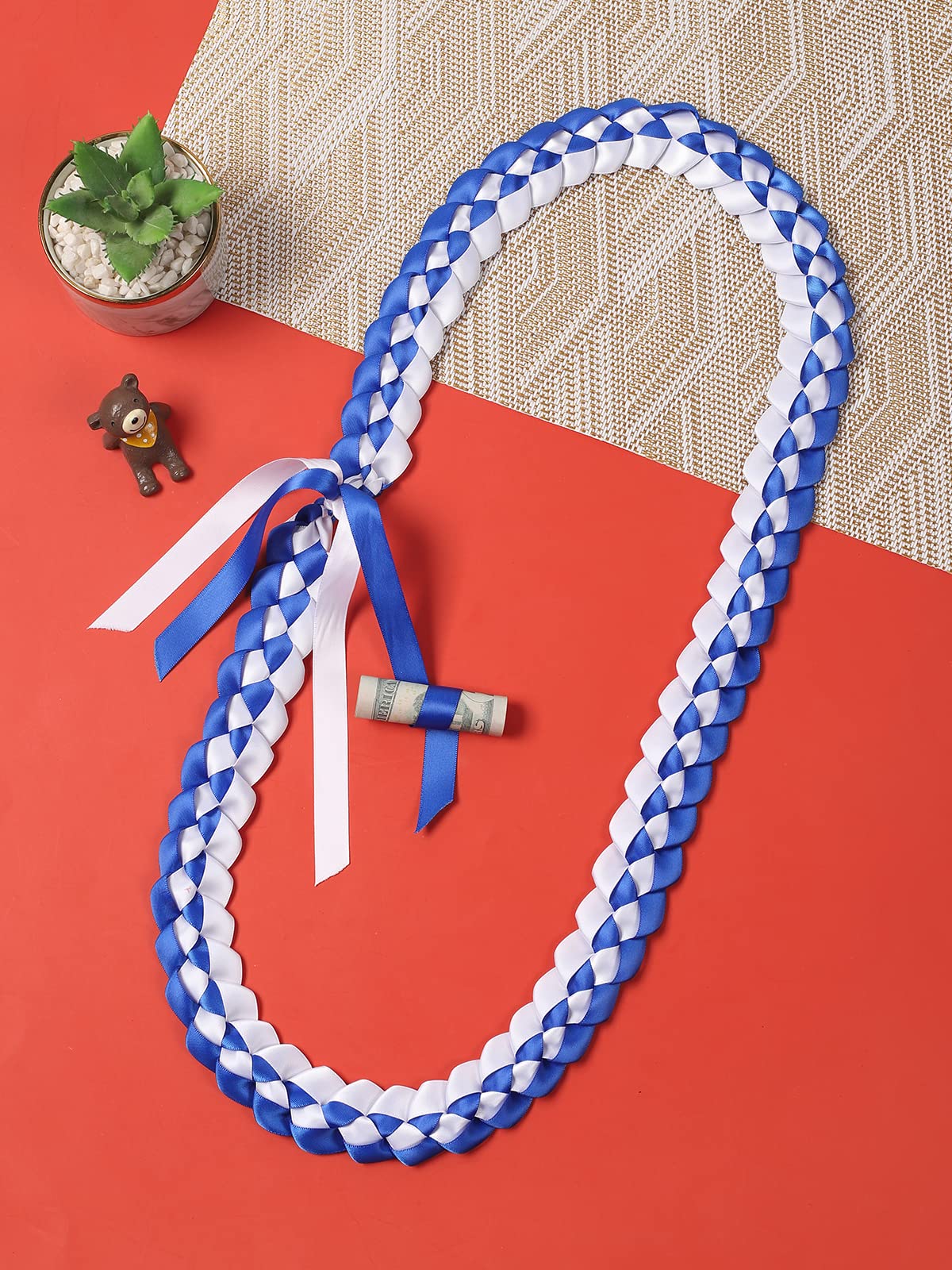 TFTAFAN Graduation Lei Graduation Ribbon Lei Necklace 2023 Graduation Necklace Braided Necklace Graduation Gift Party Accessories for Women and Men (blue and white, 12)