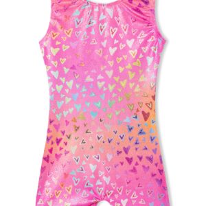 Domusgo Girls Gymnastics Leotards 1t 2t Shiny Nenon Love Heart Biketard with Shorts Cute Pro Scrawl Dancewear for Children Party Competition