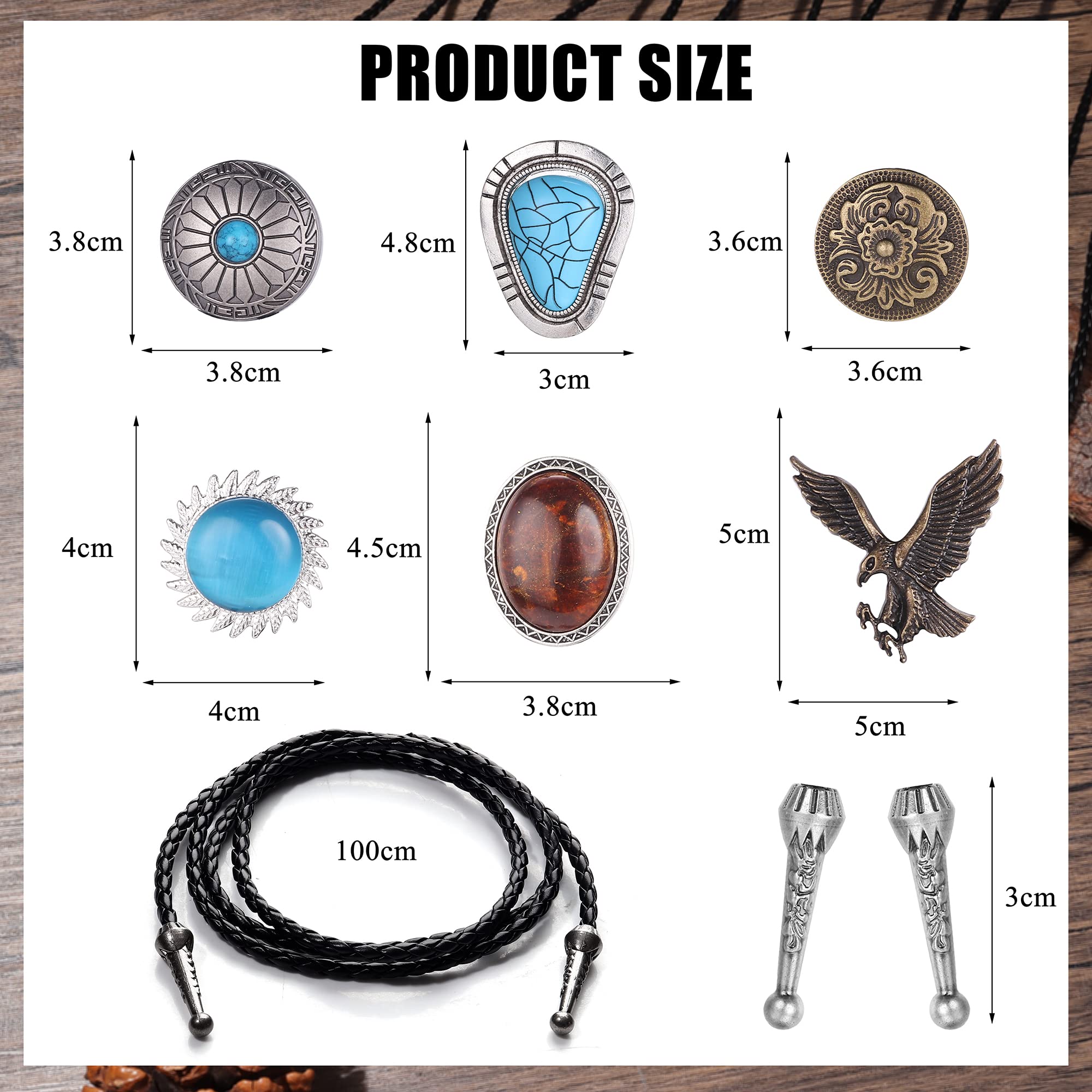 Subiceto 6Pcs Bolo Tie for Men Women Western Cowboy Natural Turquoise Tiger Eye Stone Handmade Shape Round Leather Necktie Vintage Native American Bola Tie Set Eagle