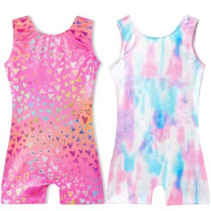 Domusgo Girls Gymnastics Leotards 1t 2t Shiny Nenon Love Heart Biketard with Shorts Cute Pro Scrawl Dancewear for Children Party Competition