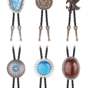 Subiceto 6Pcs Bolo Tie for Men Women Western Cowboy Natural Turquoise Tiger Eye Stone Handmade Shape Round Leather Necktie Vintage Native American Bola Tie Set Eagle