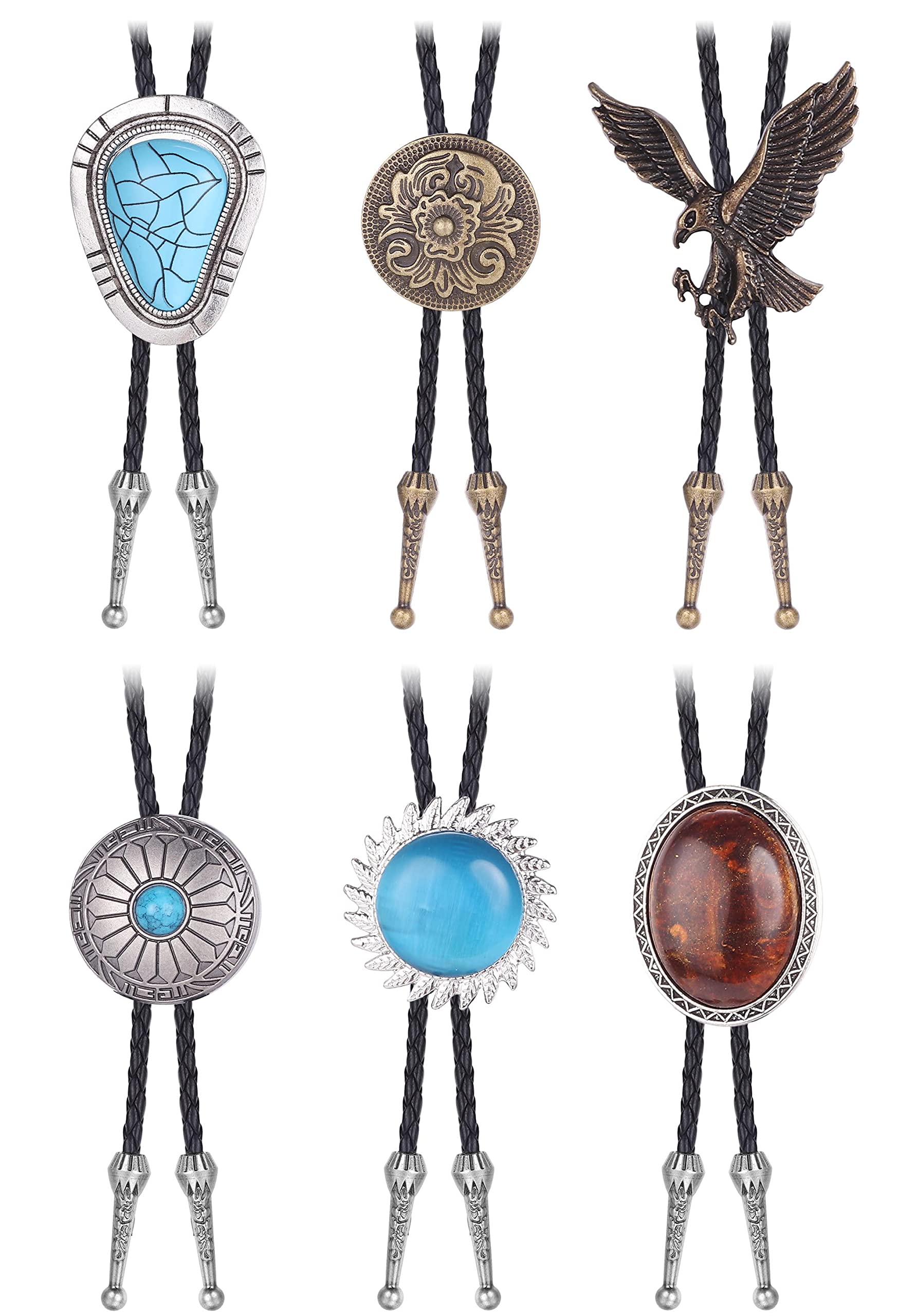 Subiceto 6Pcs Bolo Tie for Men Women Western Cowboy Natural Turquoise Tiger Eye Stone Handmade Shape Round Leather Necktie Vintage Native American Bola Tie Set Eagle