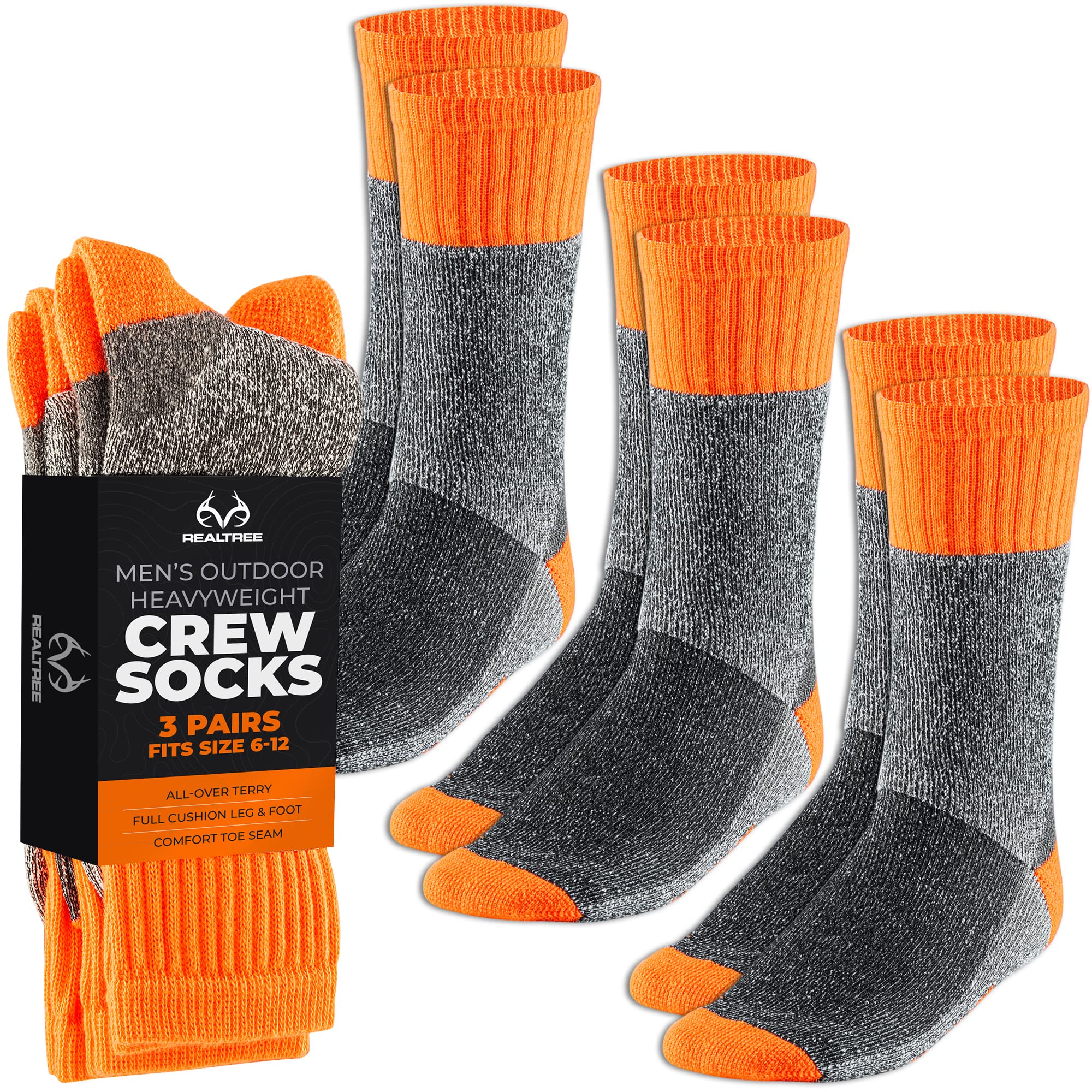 Realtree Thermal Socks for Men - 3 Pack Heavy Weight thermal Crew Sock - Thick Insulated Socks, Winter Accessories for Boots (US, Numeric, 6, 12, Regular, Regular, Orange)