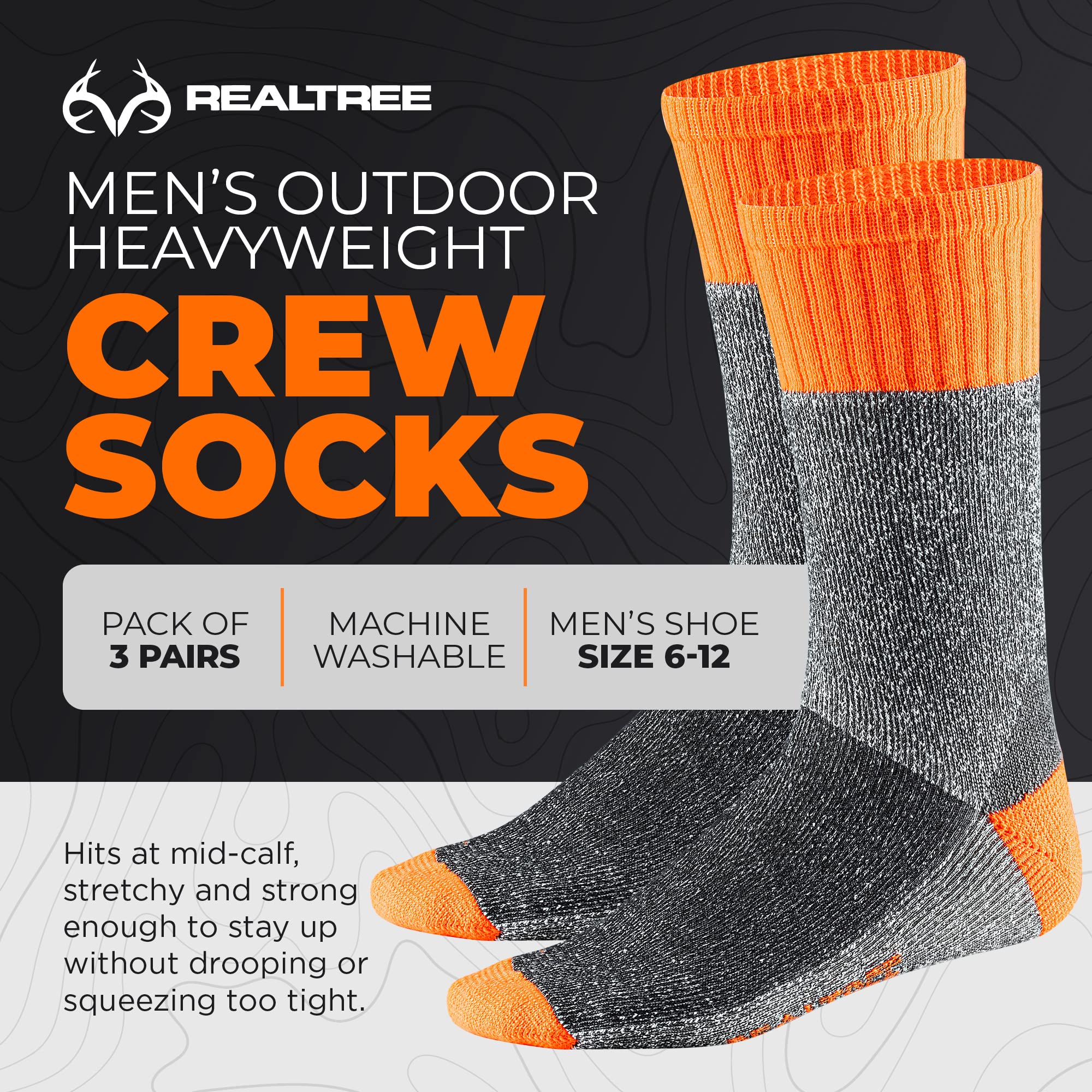 Realtree Thermal Socks for Men - 3 Pack Heavy Weight thermal Crew Sock - Thick Insulated Socks, Winter Accessories for Boots (US, Numeric, 6, 12, Regular, Regular, Orange)