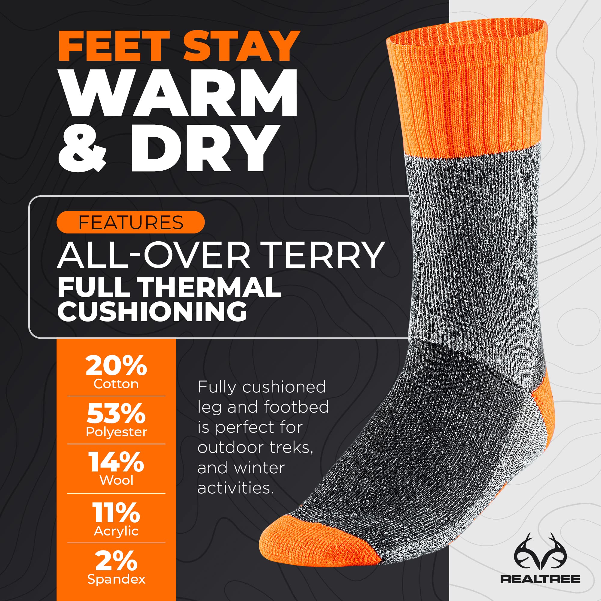 Realtree Thermal Socks for Men - 3 Pack Heavy Weight thermal Crew Sock - Thick Insulated Socks, Winter Accessories for Boots (US, Numeric, 6, 12, Regular, Regular, Orange)