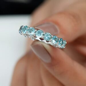 Certified Natural Aquamarine Full Eternity Ring, AAA Quality, March Birthstone Ring - With Jewelry Box, 14K White Gold, Size:US 6.50