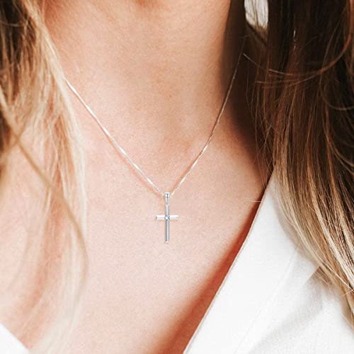 SISGEM 14k White Gold Diamond Cross Necklace for Women, Real Gold Box Chain with Cross Pendant, Religious Jewelry Gifts for Her, (0.05ct) 18 Inch