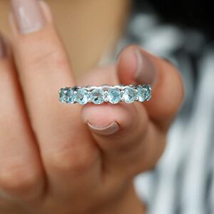 Certified Natural Aquamarine Full Eternity Ring, AAA Quality, March Birthstone Ring - With Jewelry Box, 14K White Gold, Size:US 6.50