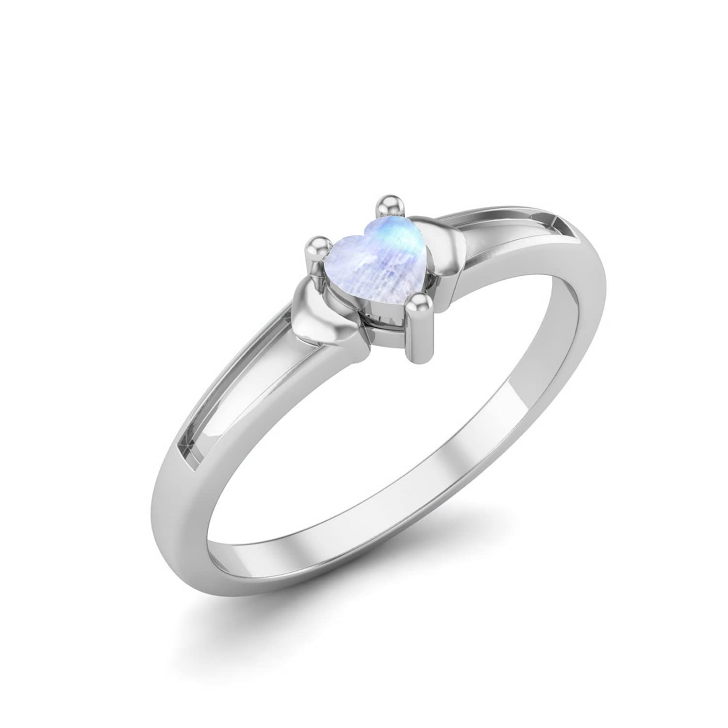 NYZA JEWELS Sterling Silver 925 Rainbow Moonstone Heart-Shape 3.00mm Promise Ring With Rhodium Plated | Ring For Women & Girls | Beautiful Design Ring For Everyday Wear. (White, 5)