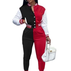 ANICECUT Sweatsuits for Women Set 2 Piece Long Sleeve Patchwork Button Down Varsity Jacket Sweatpant Workout Tracksuit Black Red XL